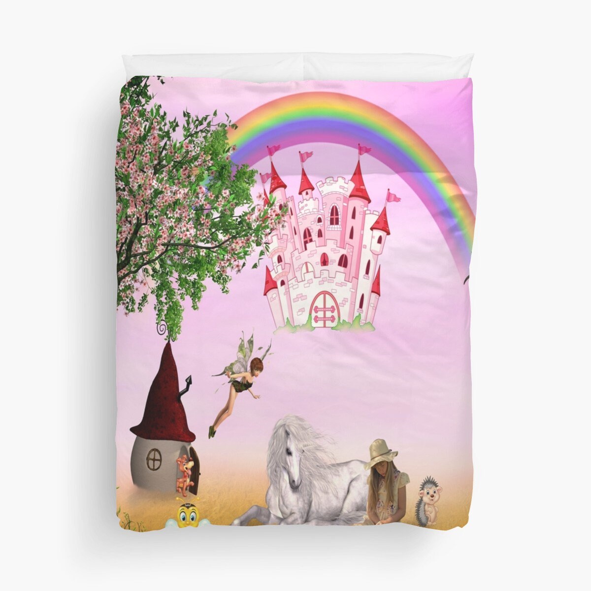 Girls Fairytale Comforter or Duvet cover cute girly bedding rainbow castles pink bedding for girls fairy comforter fairy tales kids duvet