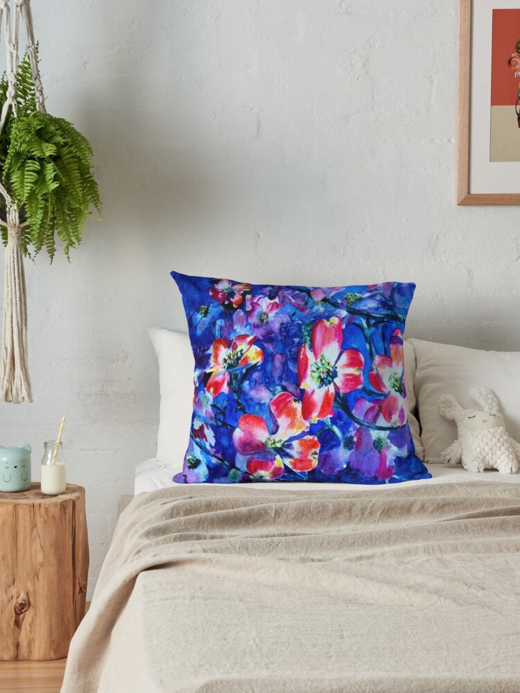 Blue with Red Flowers Throw Pillow Unique Gifts blue Pillows for Couch floral pillows Artsy pillow flower pillow botanical pillow red pillow