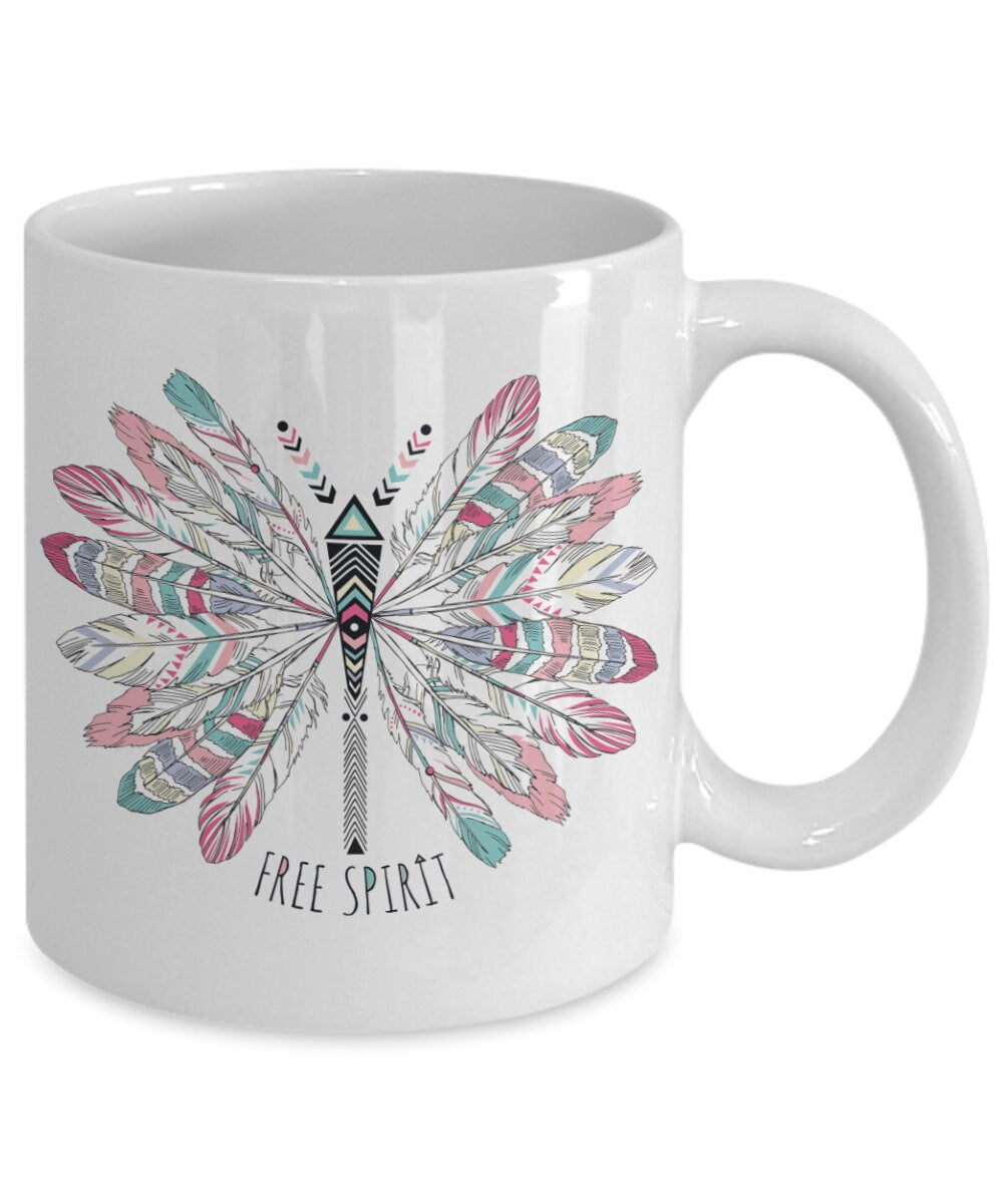Free Spirit Mug butterfly mug hippy mug colorful butterfly mug dragonfly mug feather mug feathers coffee mug cute mugs girly mugs