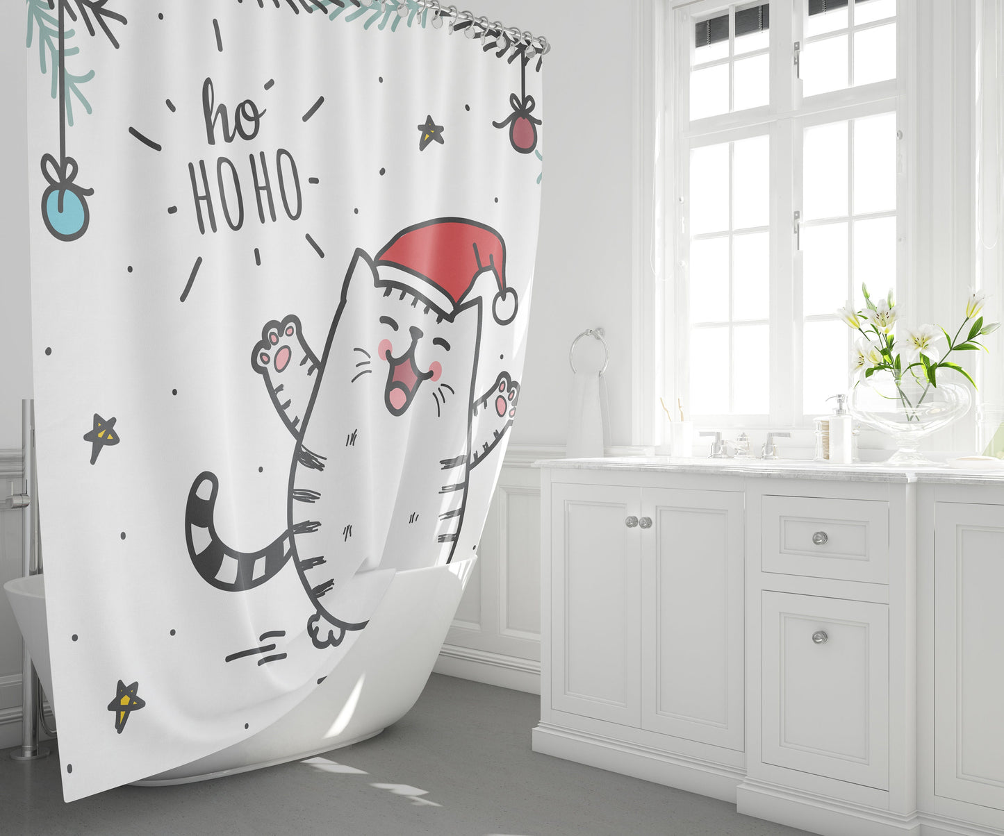Cat Christmas Shower Curtain xmas shower curtains cute shower curtain christmas shower curtains christmas bath decor santa cat shower decor