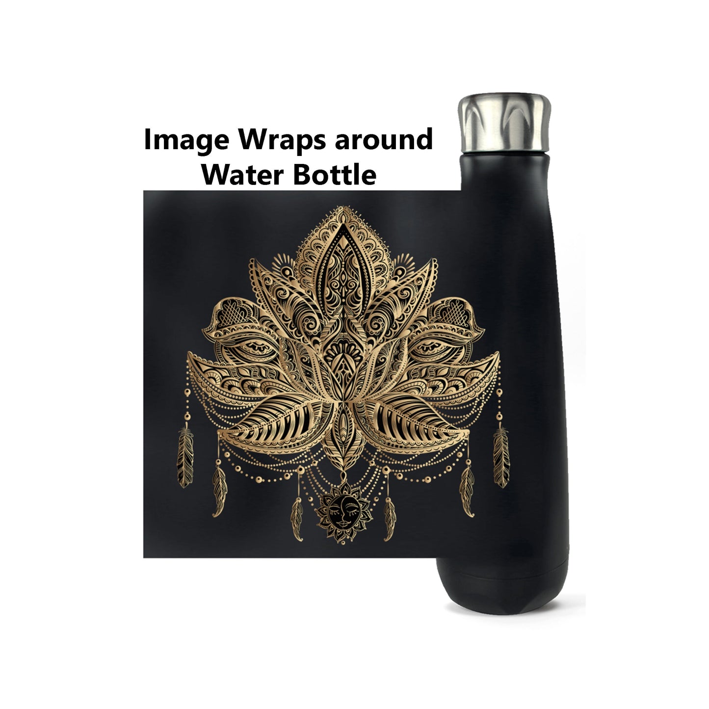 Lotus Water Bottle Spiritual Gifts Black Gold Lotus Canteen Lotus Flower Water Bottles Sun Moon Water Bottles Lotus Thermos Black Canteen