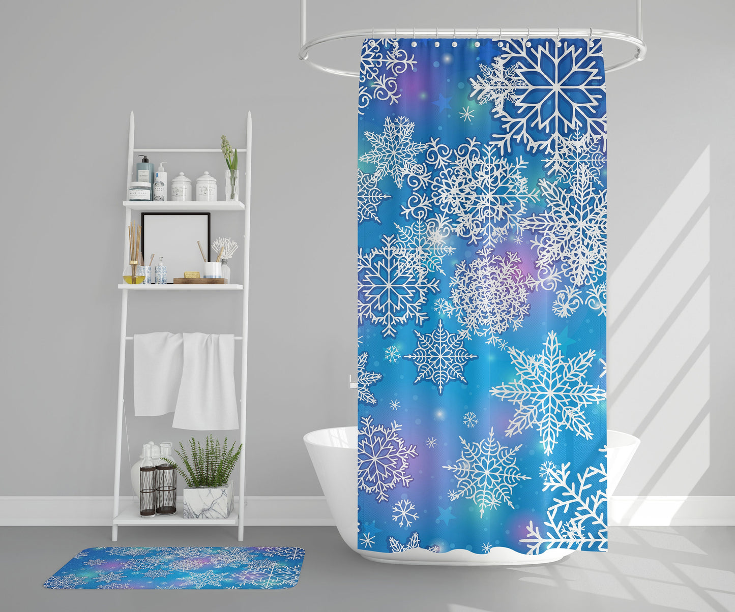 Snowflakes Shower curtain blue bathmat cute xmas bath decor christmas shower curtains christmas rugs blue frozen snowflakes decor