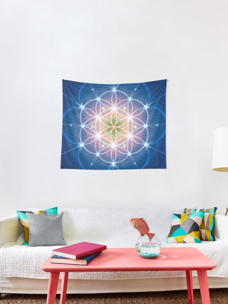 Blue Sacred Geometry Tapestry Spiritual Wall Hanging Flower Of Life Tapestries Sacred Geometry Tapestries Yoga Tapestry Blue Tapestry