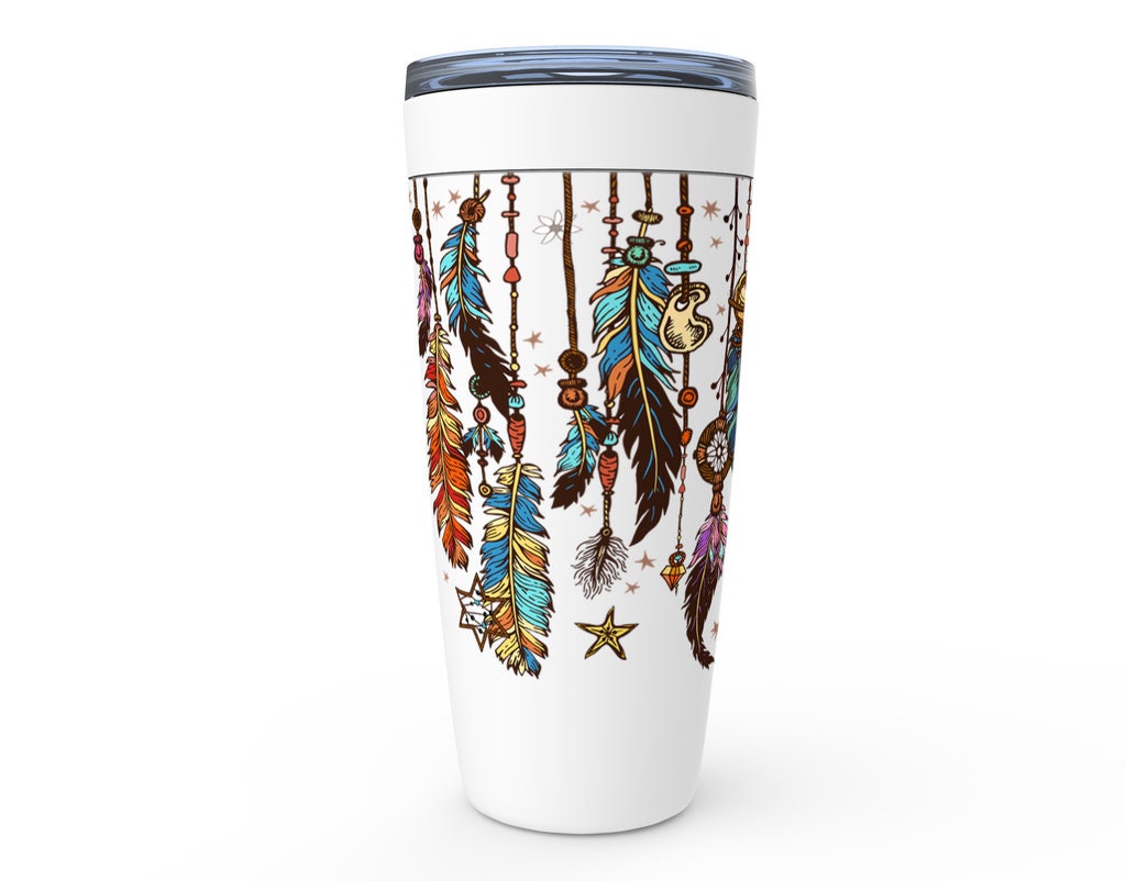 Feathers Travel Mug 20oz Insulated Stainless Steel Unique Gift Spiritual Travel Mug Dream Catcher Travel Mug Crystal Canteen Boho Coffee Mug