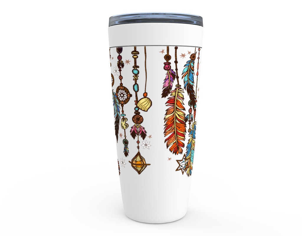 Feathers Travel Mug 20oz Insulated Stainless Steel Unique Gift Spiritual Travel Mug Dream Catcher Travel Mug Crystal Canteen Boho Coffee Mug
