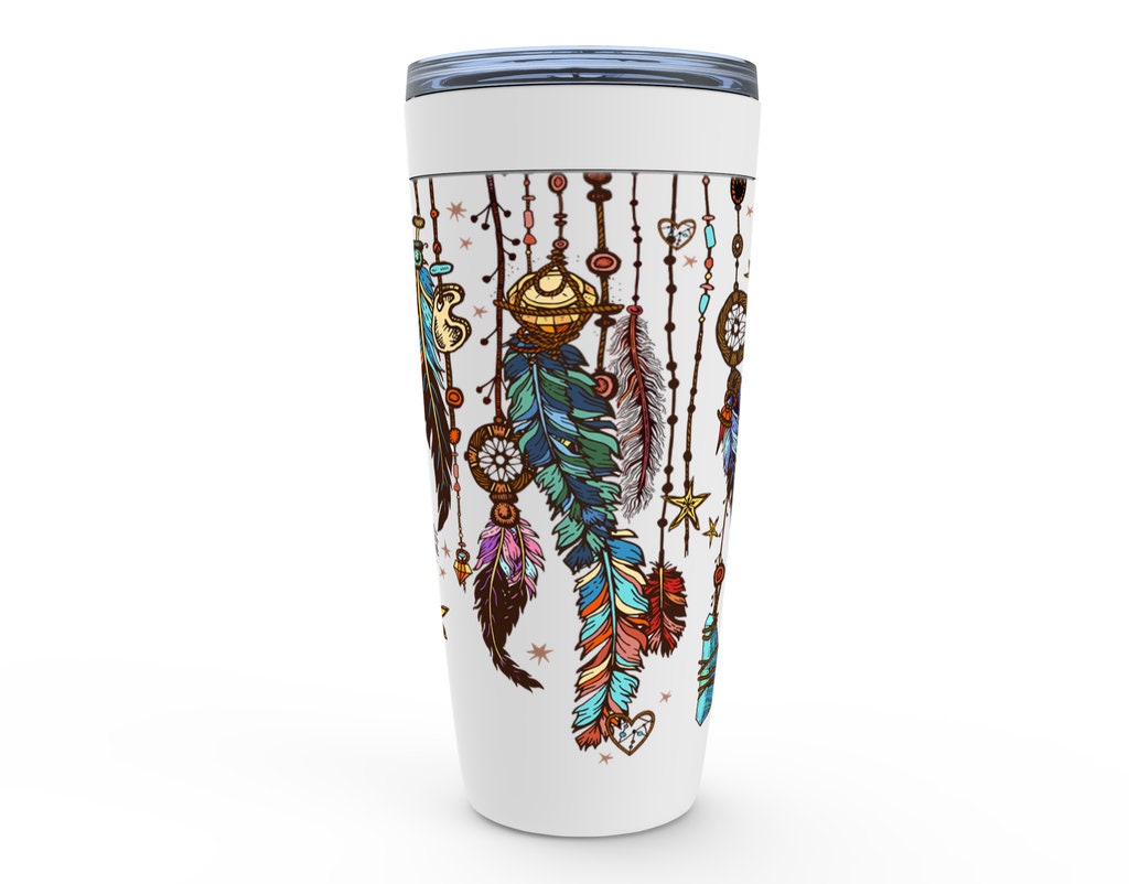 Feathers Travel Mug 20oz Insulated Stainless Steel Unique Gift Spiritual Travel Mug Dream Catcher Travel Mug Crystal Canteen Boho Coffee Mug
