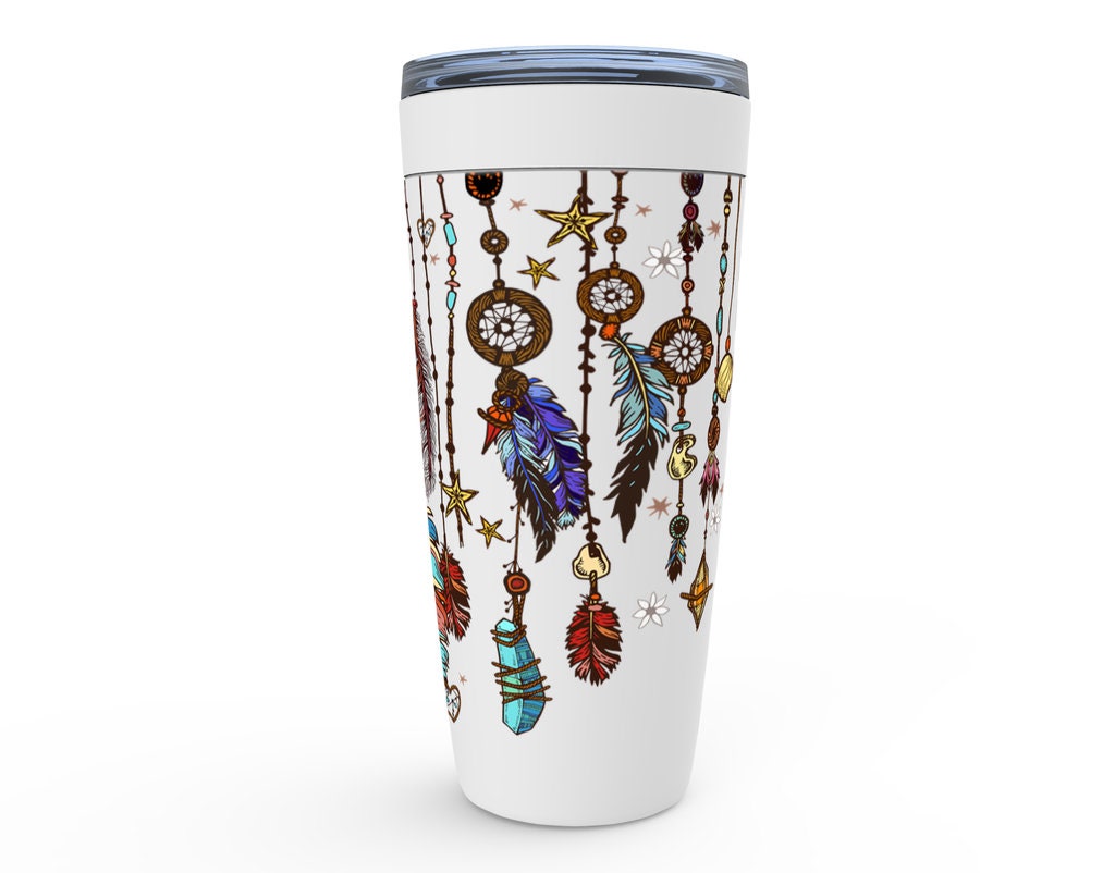 Feathers Travel Mug 20oz Insulated Stainless Steel Unique Gift Spiritual Travel Mug Dream Catcher Travel Mug Crystal Canteen Boho Coffee Mug