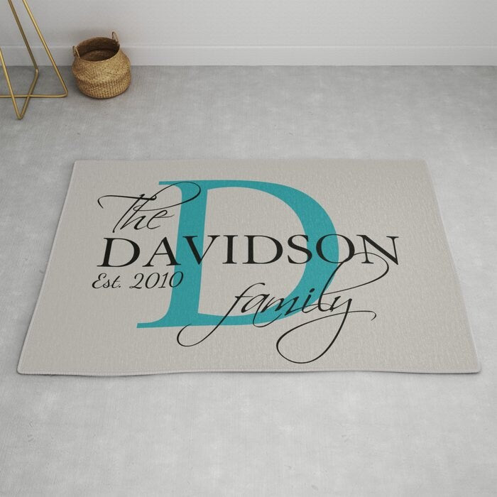 Custom Name Rug monogram Rug blue Floor Rug gray customized rugs personalized rug wedding gift last name rug