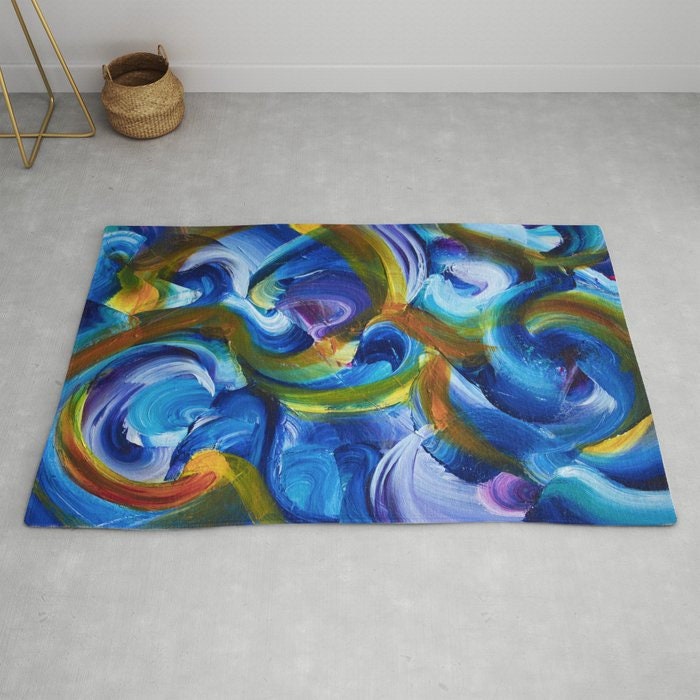 Abstract Art Rug Blue Rugs swirly unique Rugs 2x3 3x5 4x6 5x7 8x10 9x12 Large rug red colorful bright floormat