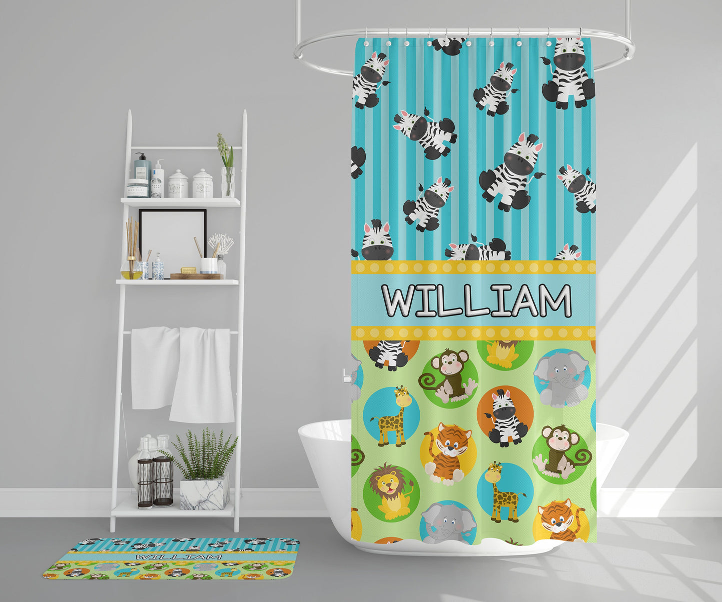 Custom Kids Name Shower Curtain Personalized shower curtains customized bathroom decor safari animals cute zoo blue green