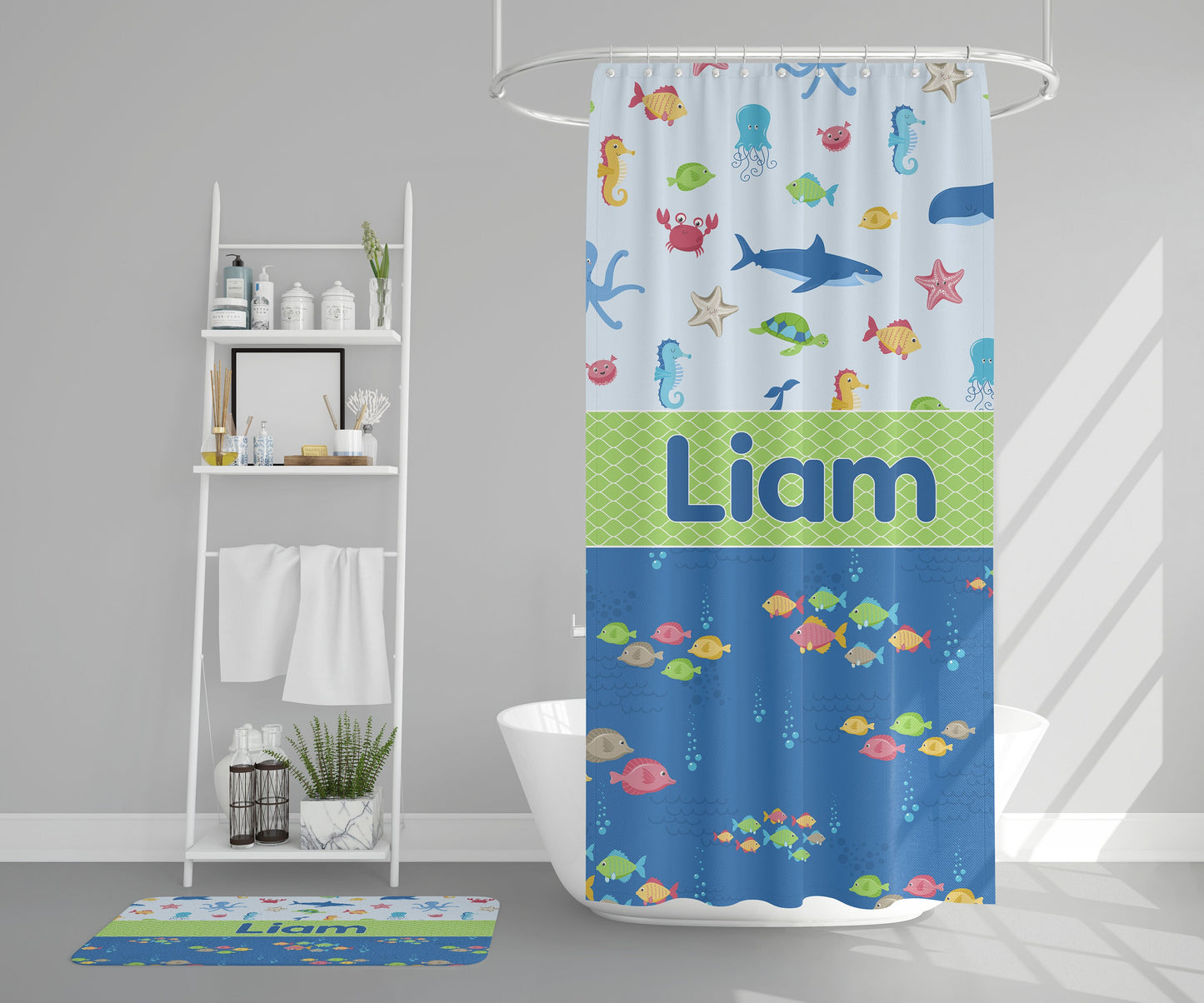 Custom Kids Name Shower Curtain Personalized shower curtains customized ocean bathroom cute fish underwater blue green