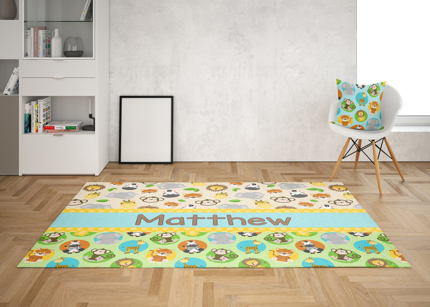 Nursery Rug Custom Name Rugs cute animals Rug kids rugs green blue personalized customized Safari Zoo animal rug