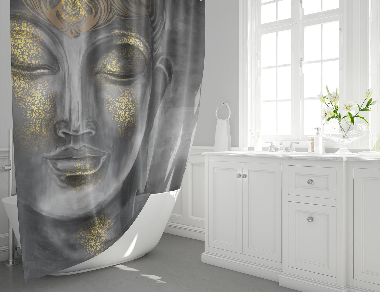 Gray Buddha Shower Curtain spiritual shower curtains gray shower curtain grey shower curtains buddha bath decor Buddhist shower curtains