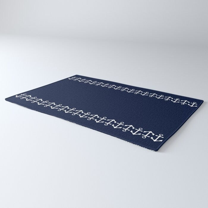 Anchor Rug Navy & White Rug nautical Rug boaters Floor Rug beach decor Rugs 3x5 4x6 5x8 Large beachy rugs blue rug tropical ocean decor