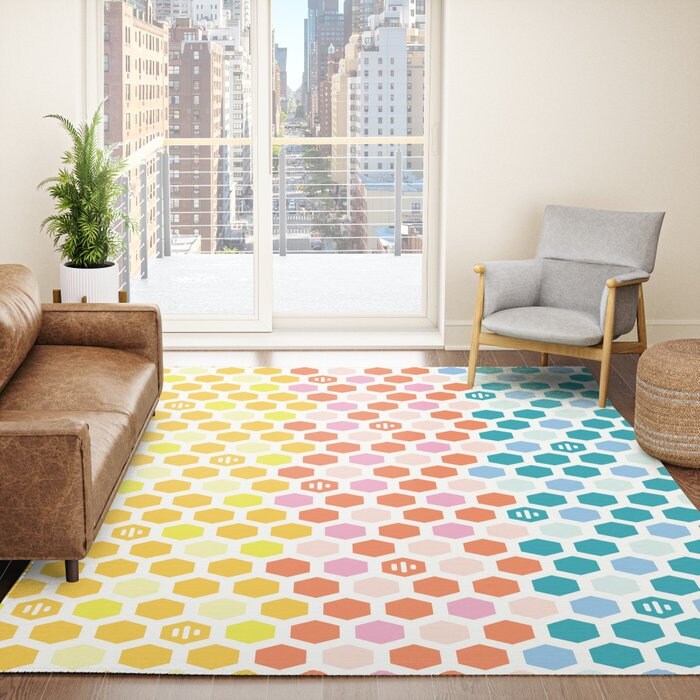 Colorful Hexagons Rug Rug 3'x5' 4'x6' 5'x7' 8x10' 9x12' Large orange pink yellow blue area rug