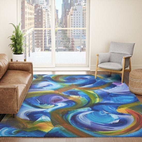 Abstract Art Rug Blue Rugs swirly unique Rugs 2x3 3x5 4x6 5x7 8x10 9x12 Large rug red colorful bright floormat