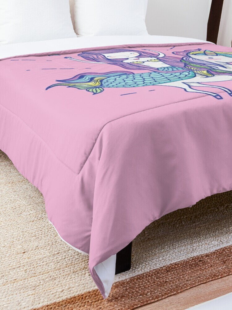 Pink Mermaid riding Unicorn Comforter or Duvet Cover girls bedding pink bedding unicorns comforter girly duvet kids comforter unicorn decor