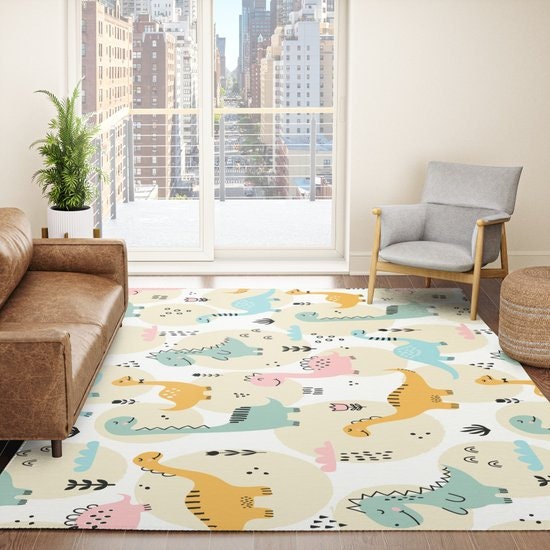 Dinosaur Rug nursery Rug boys or girls Rug dinosaurs Floor Rug 3x5 4x6 5x7 9x12 Large rugs cute kids rugs yellow blue beige