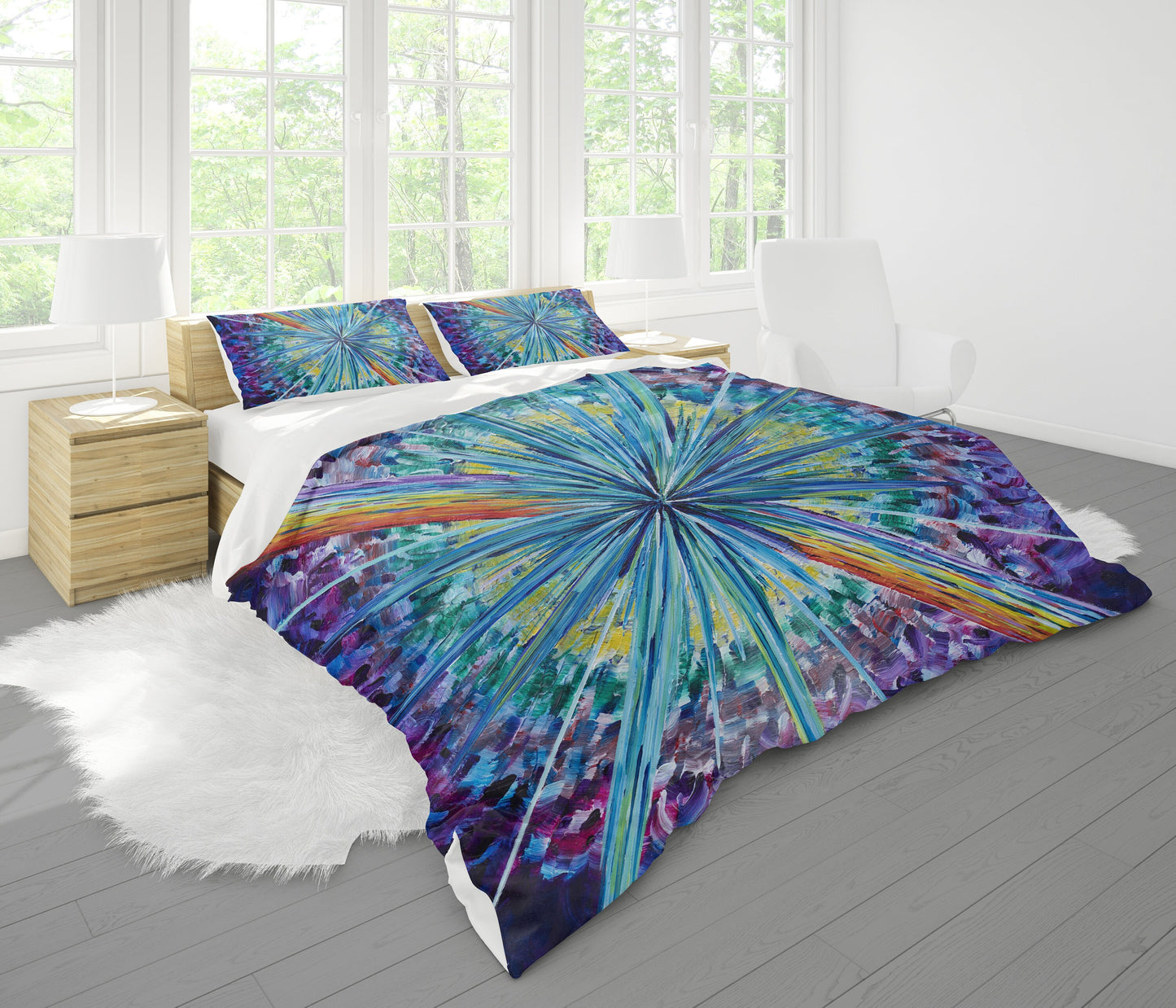 Starburst Comforter or Duvet Cover colorful purple bedding abstract art bedding rainbow comforter sunburst comforter
