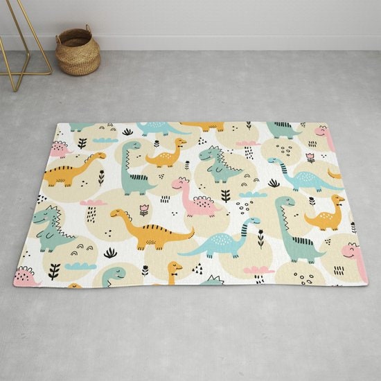 Dinosaur Rug nursery Rug boys or girls Rug dinosaurs Floor Rug 3x5 4x6 5x7 9x12 Large rugs cute kids rugs yellow blue beige