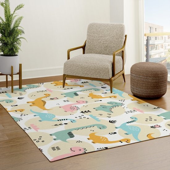 Dinosaur Rug nursery Rug boys or girls Rug dinosaurs Floor Rug 3x5 4x6 5x7 9x12 Large rugs cute kids rugs yellow blue beige