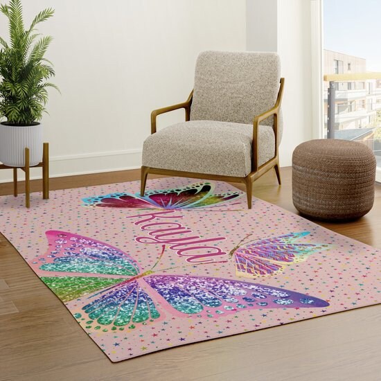 Custom Name Butterfly Rug personalised rug colorful nursery rug kids name personalized butterflies customized rugs nursery rug pink stars