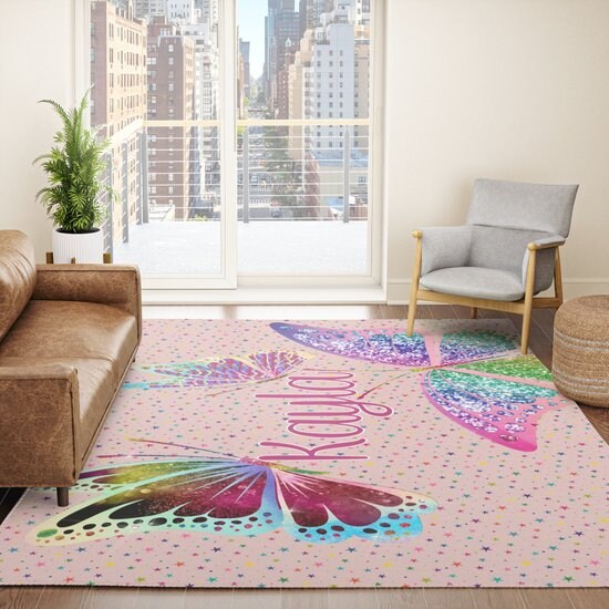 Custom Name Butterfly Rug personalised rug colorful nursery rug kids name personalized butterflies customized rugs nursery rug pink stars