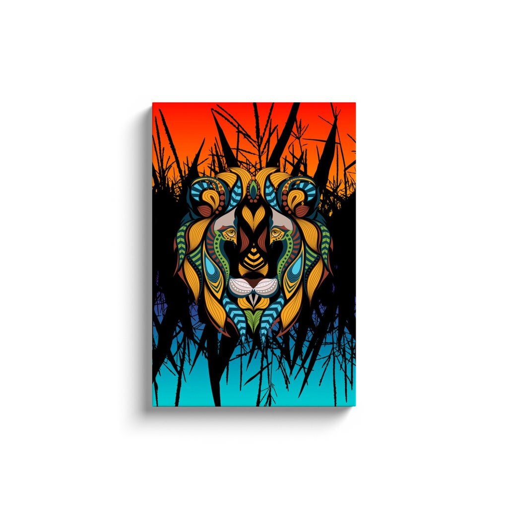 African Lion Art Canvas Wrap or Art print tribal artwork lions orange blue