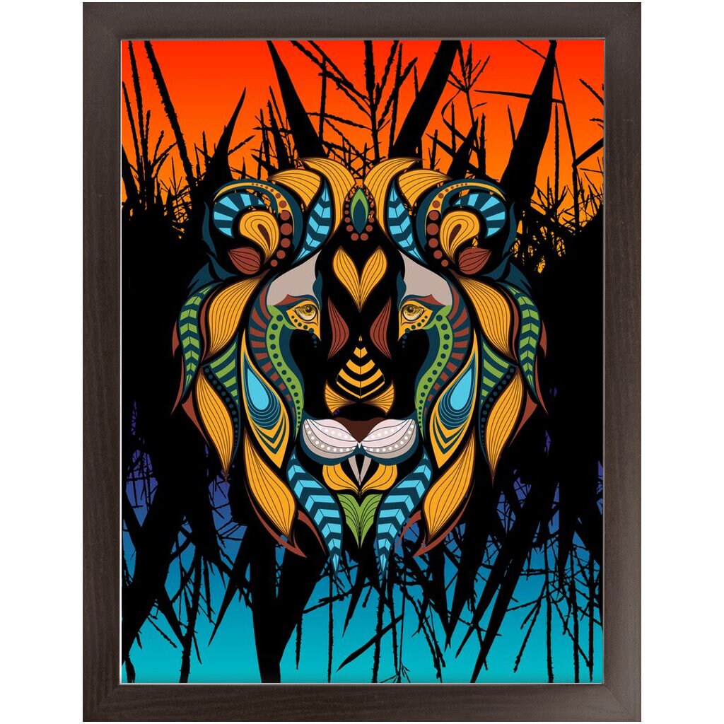 African Lion Art Canvas Wrap or Art print tribal artwork lions orange blue