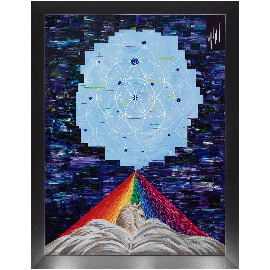 Flying Horse Art Canvas Wrap or Art print Rainbow sacred geometry Spiritual gifts psychadelic colorful trippy psychedelic