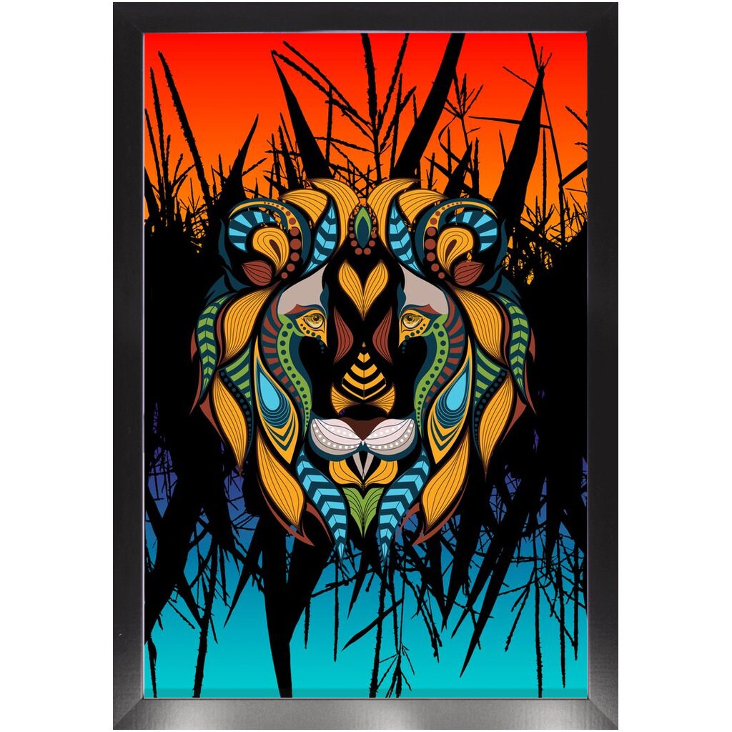 African Lion Art Canvas Wrap or Art print tribal artwork lions orange blue