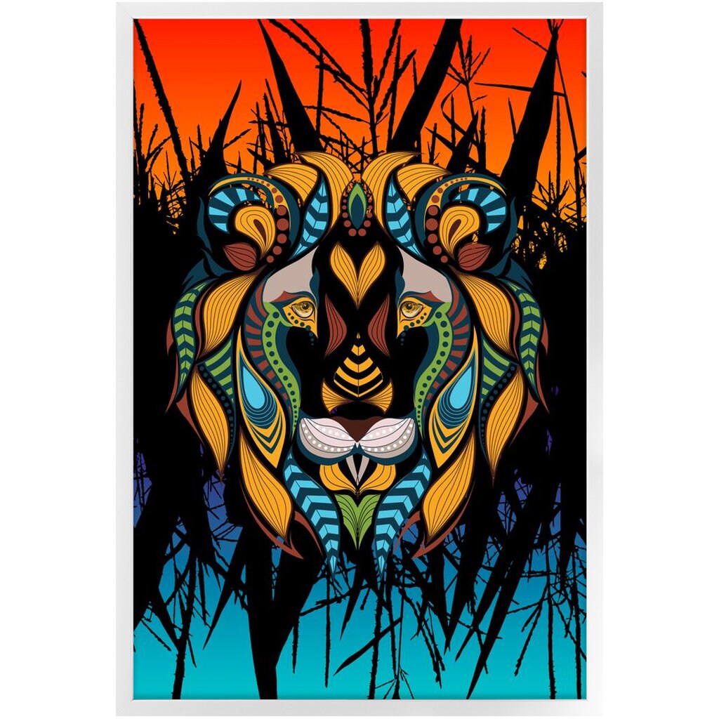 African Lion Art Canvas Wrap or Art print tribal artwork lions orange blue
