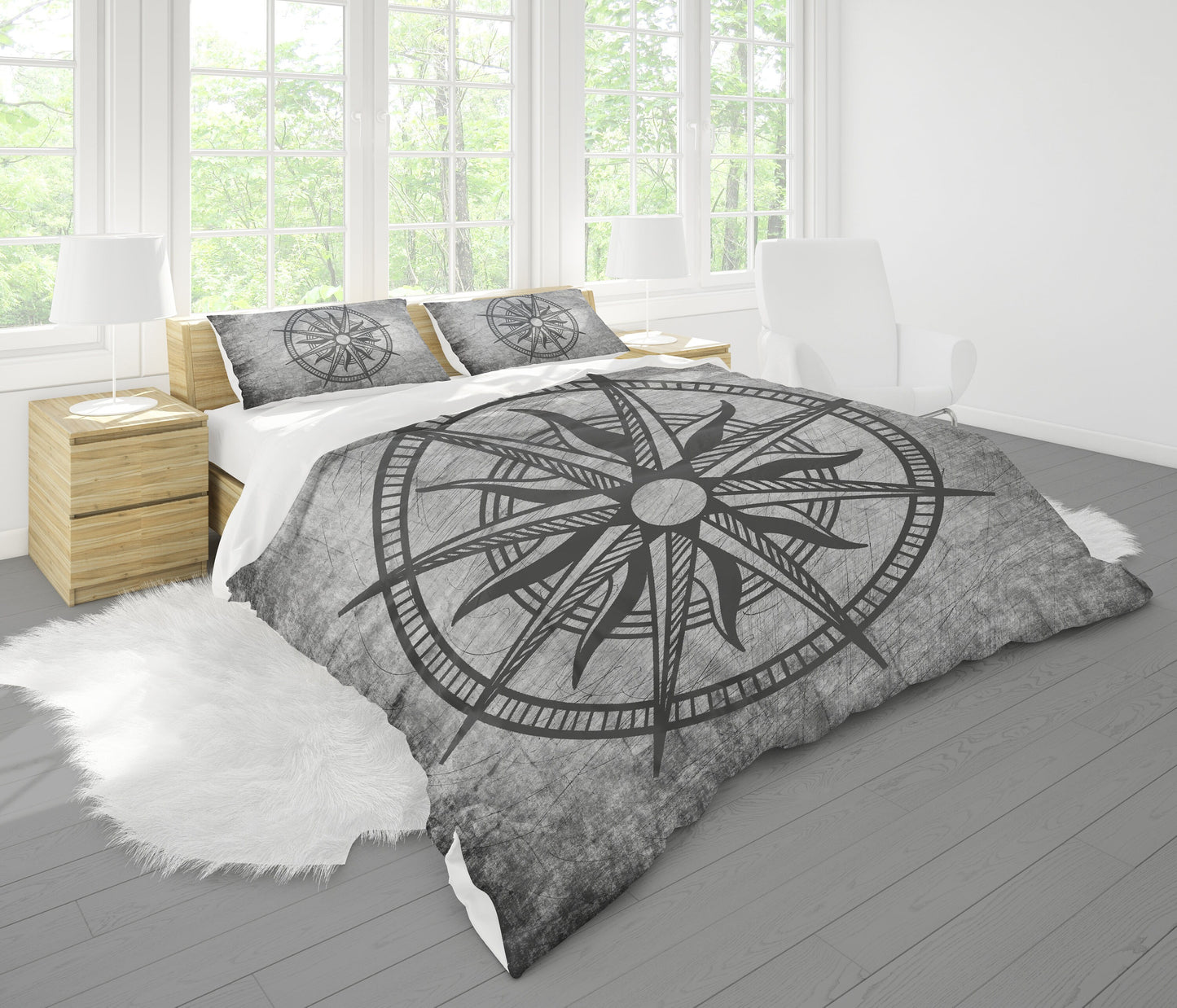 Compass Comforter or Duvet Cover gray grunge bedding nautical bedding coastal comforter grey comforter marine bedding sets