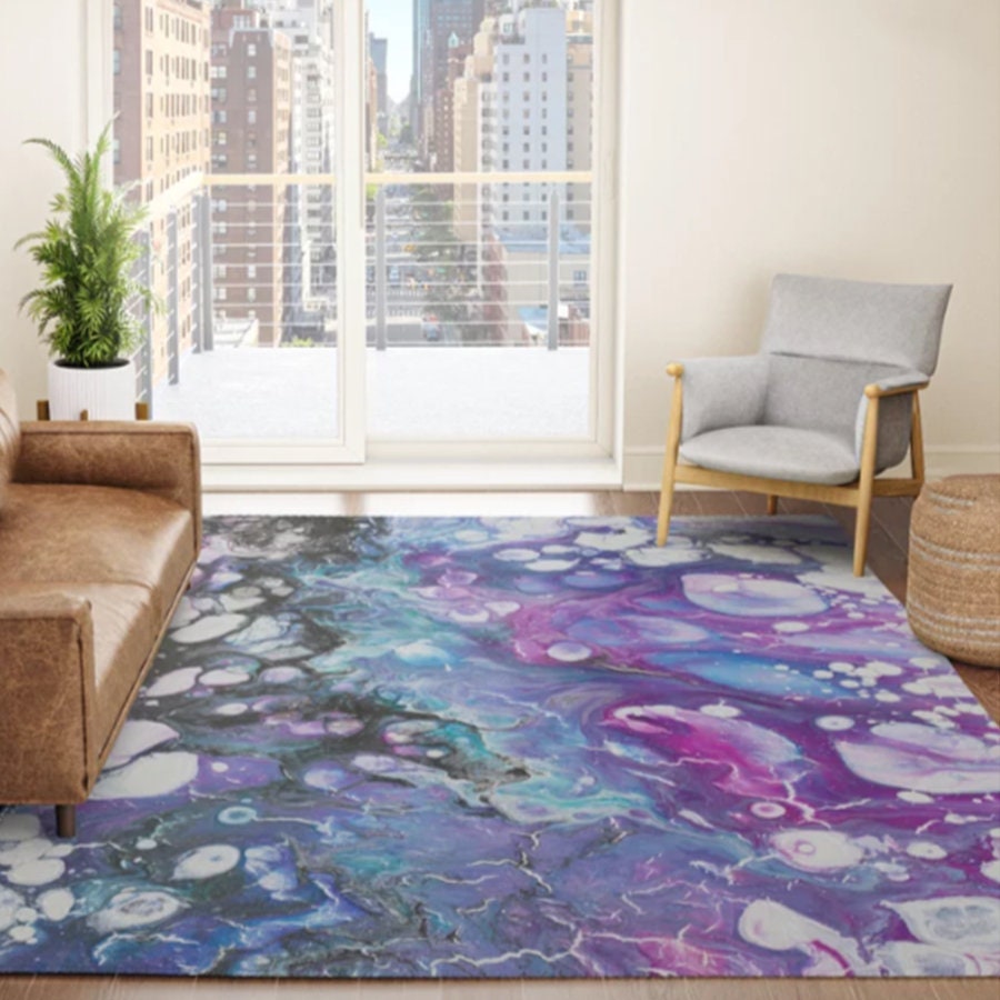 Abstract Colorful Rug Rainbow Fluid Wavy Floor Rug 3x5 4x6 5x7 8x10 blue pink purple teal