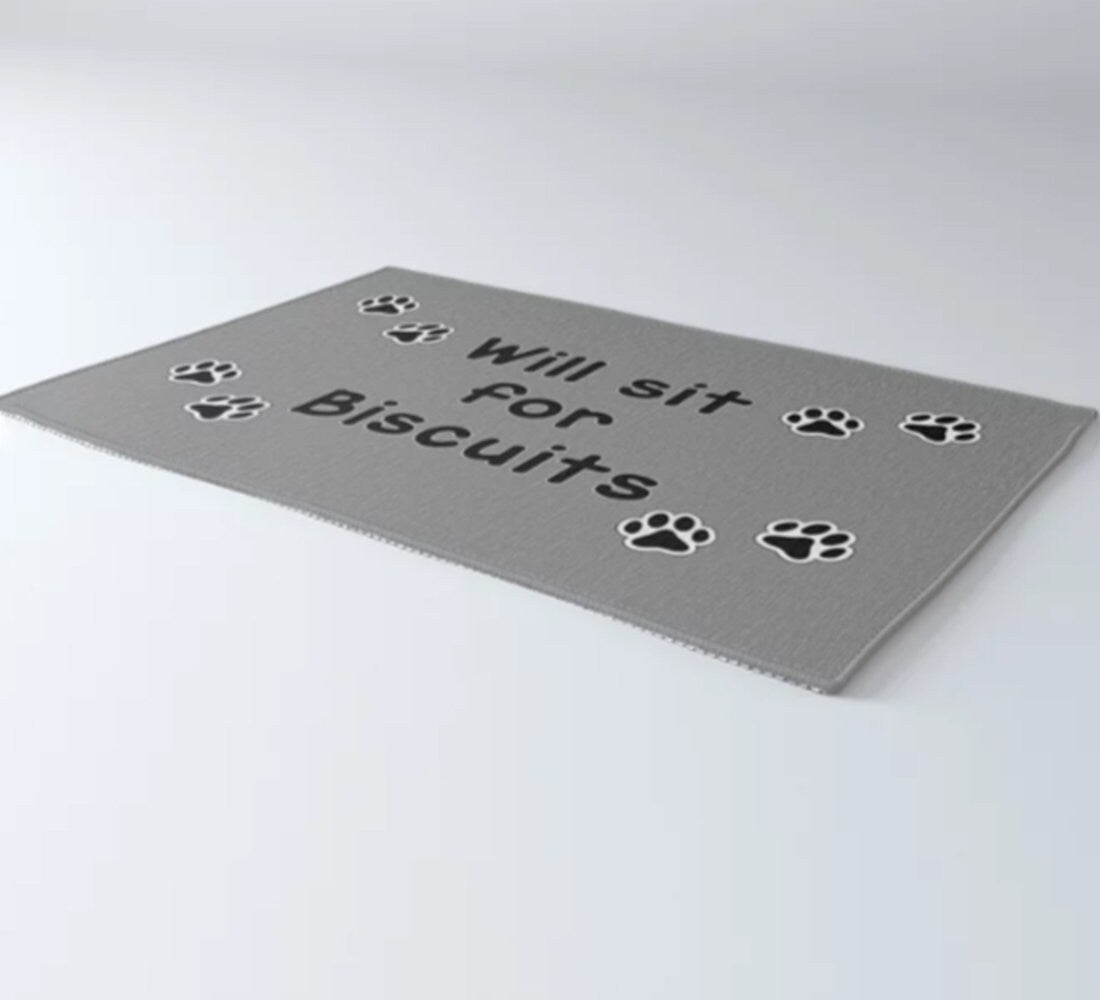 Will Sit For Biscuits Rug Dog Rug Paw prints food mat