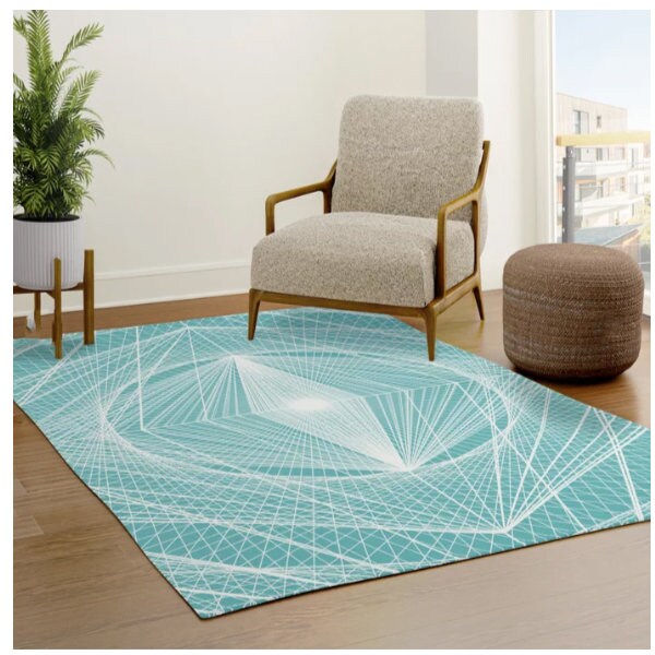 Blue & White Fractal Rug sacred geometry linear tachyon crystal grid white light pyramid