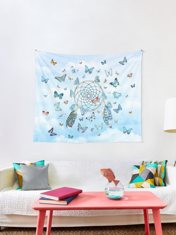 Butterfly Dreamcatcher Tapestry Blue Dream catcher Wall Art butterflies Tapestry
