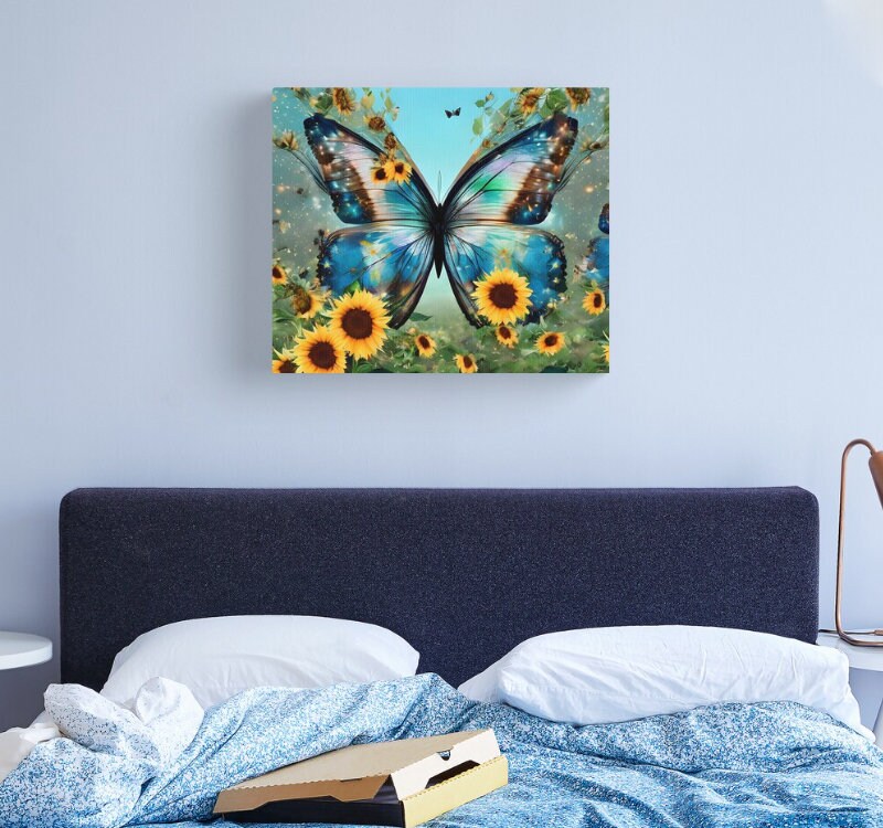 Butterfly Sunflower Canvas art blue butterflies yellow sunflowers artwork sunflower art butterfly art
