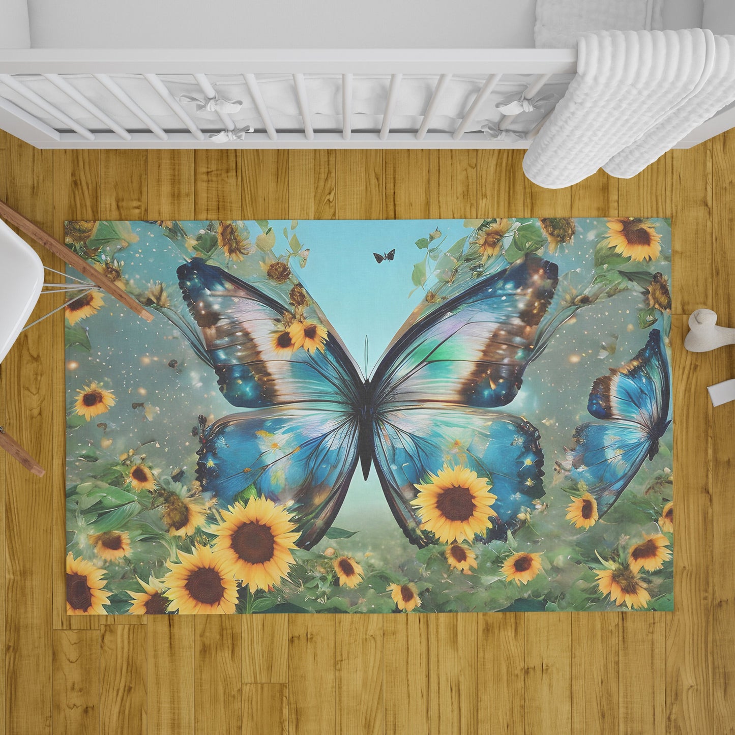 Butterfly Rug sunflowers Rug Blue Rug butterflies Floor Rugs 3'x5' 4'x6' 5'x7' Large rugs blue yellow