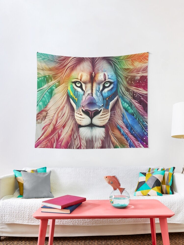 Lion Tapestry Lion with Feathers Wall Hanging lions Tapestries spirit animals Tapestry lion artwork