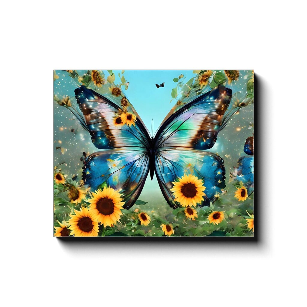 Butterfly Sunflower Canvas art blue butterflies yellow sunflowers artwork sunflower art butterfly art