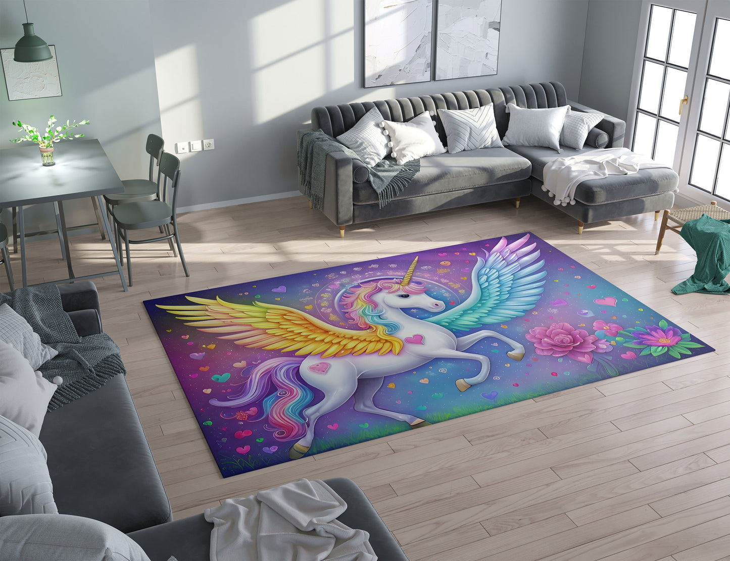 Unicorn Rug rainbow Rug colorful Rug unicorns hearts flowers Floor Rugs 3'x5' 4'x6' 5'x7' Large rugs Pink Purple
