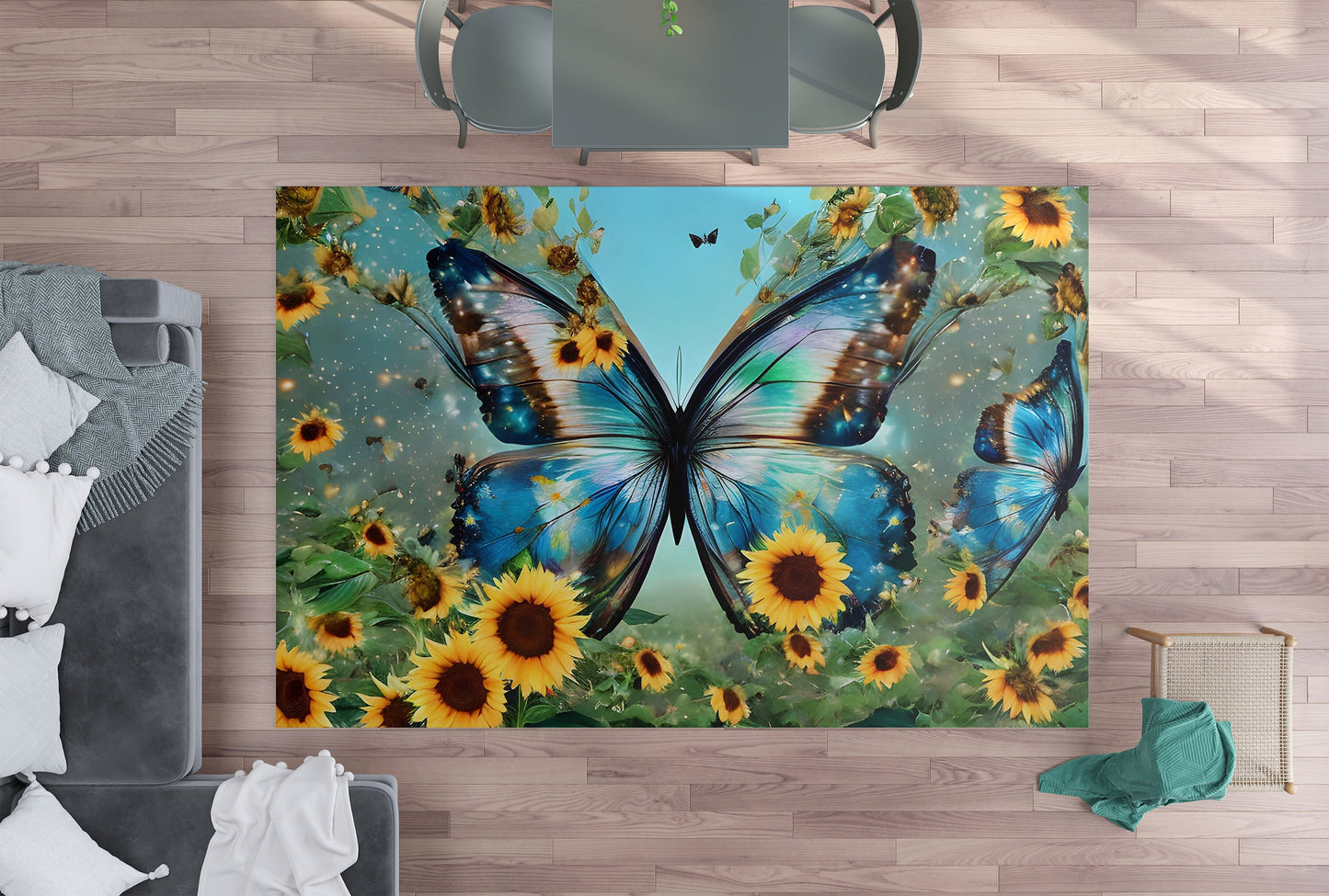 Butterfly Rug sunflowers Rug Blue Rug butterflies Floor Rugs 3'x5' 4'x6' 5'x7' Large rugs blue yellow