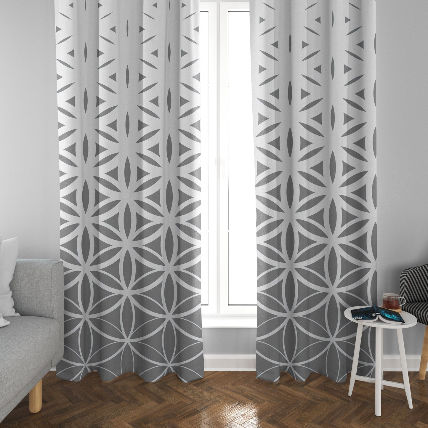 Flower of Life Window Curtain Gray white Drapery Curtain Panels grey white window treatment sacred geometry neutral