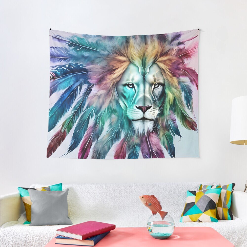 Lion with Feathers Tapestry colorful spiritual boho lions tapestries