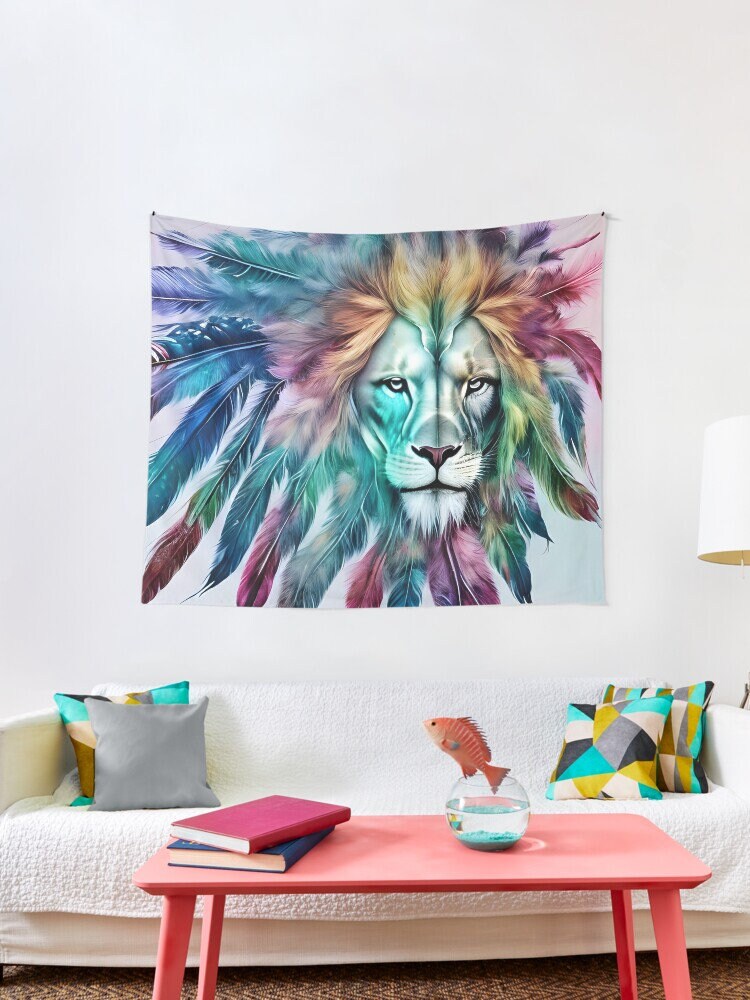 Lion with Feathers Tapestry colorful spiritual boho lions tapestries