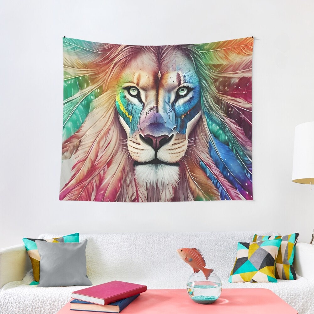 Lion Tapestry Lion with Feathers Wall Hanging lions Tapestries spirit animals Tapestry lion artwork