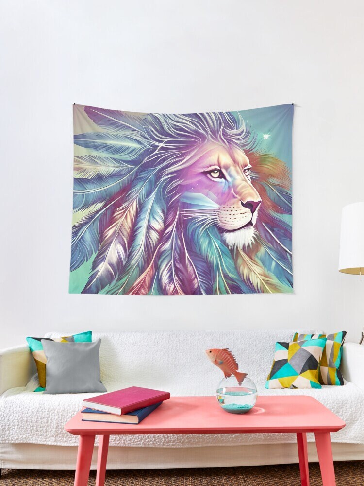 Lion with Feathers Tapestry blue lions feather wall art lion artwork Lion tapestries