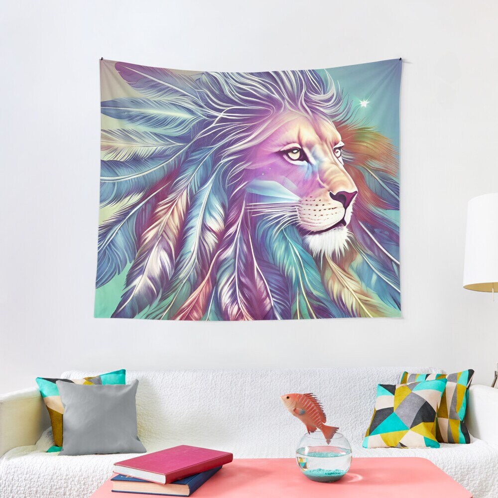 Lion with Feathers Tapestry blue lions feather wall art lion artwork Lion tapestries