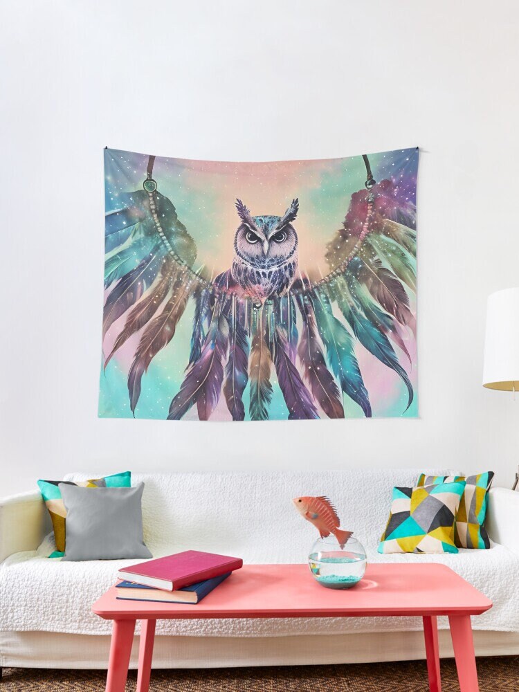 Owl with Feathers Tapestry owls Wall Hanging owl artwork blue green